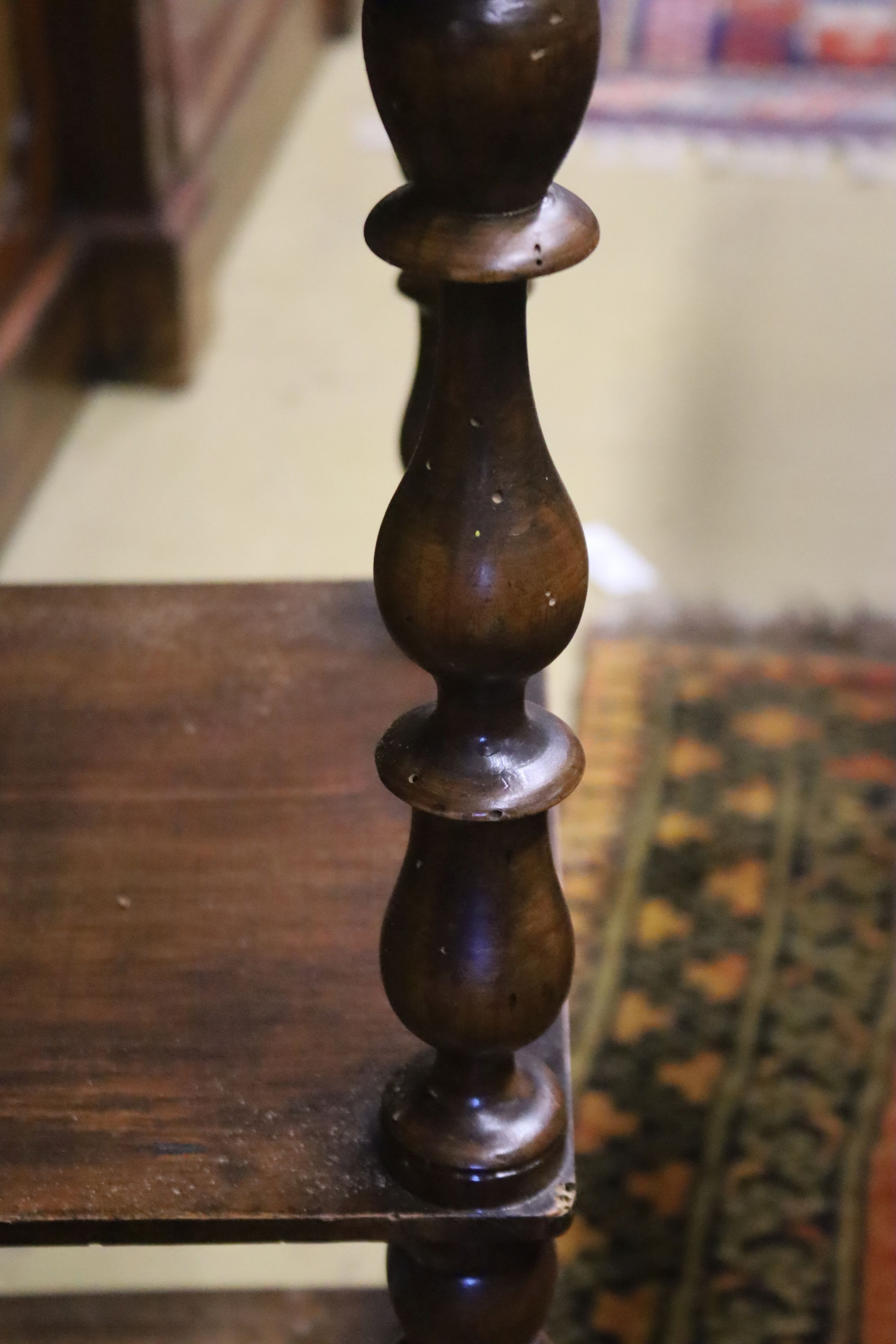 A Victorian mahogany walnut four-tier whatnot, (severely wormed) width 44cm, depth 30cm, height 118cm